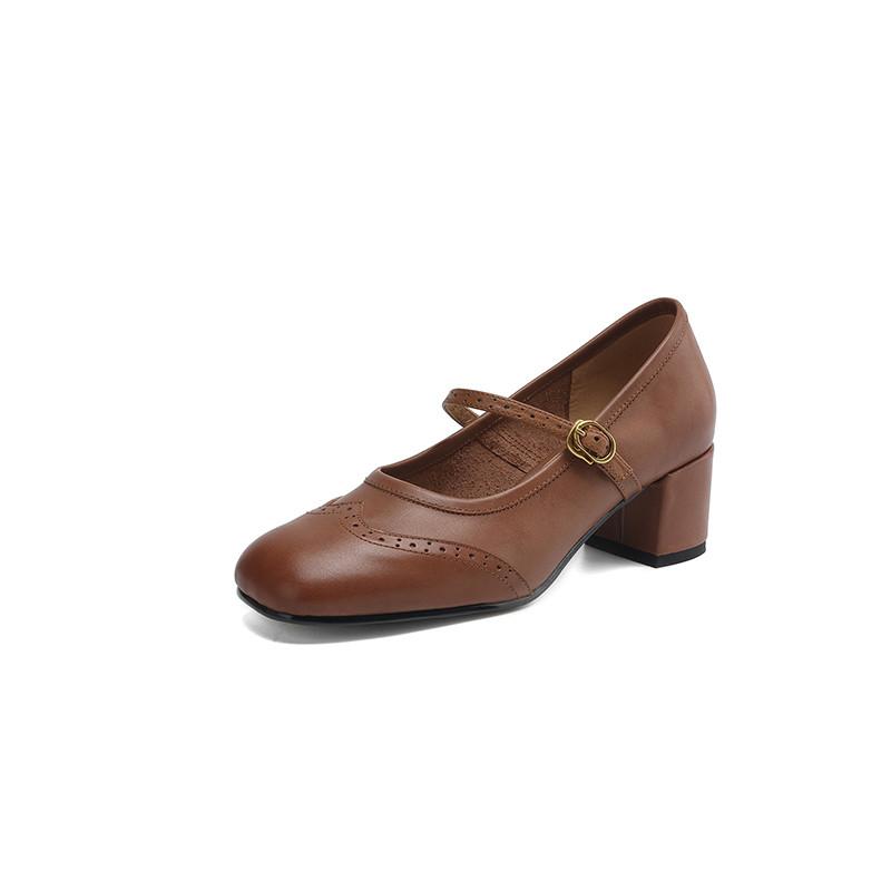 Fashion New Spring/Summer Genuine Leather Women Pumps Shoes for Women Fashion Brogue Designs Square Toe Mary Jane Shoes Women High Heels