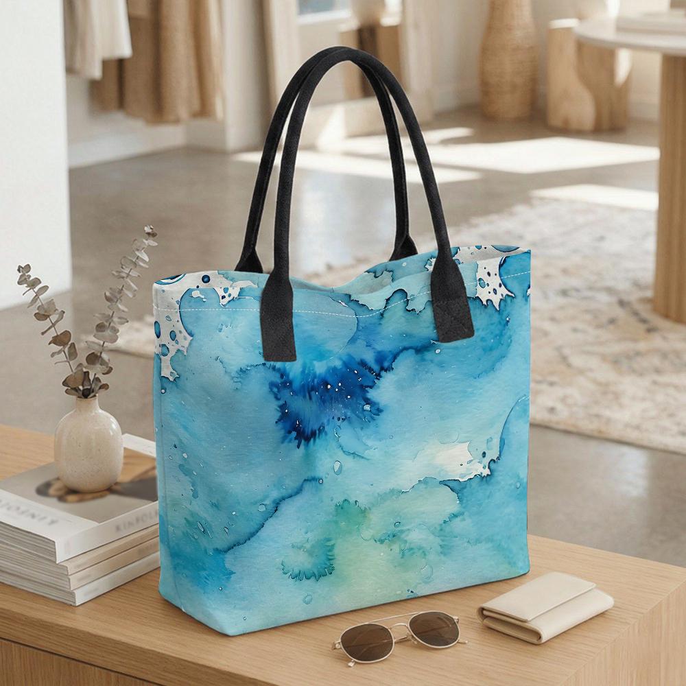 Blue Watercolor Print Tote Bag Large Casual Shoulder Bag for Daily Use