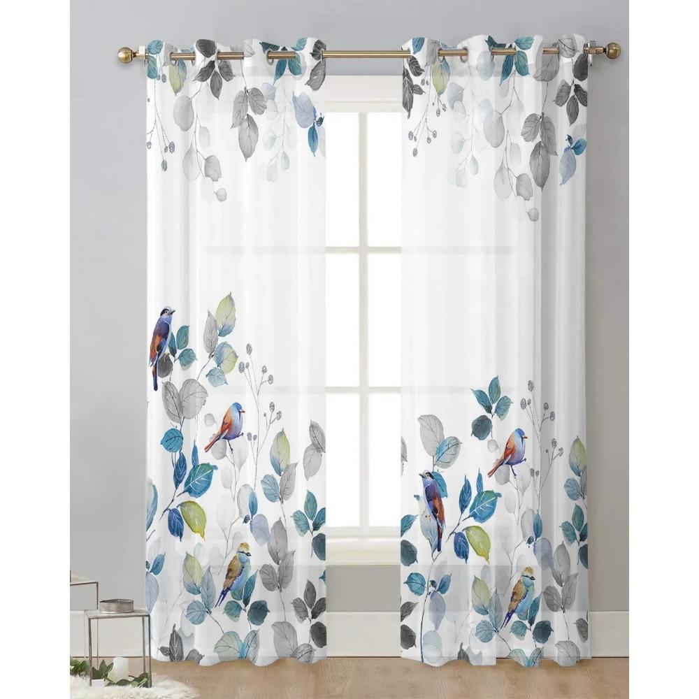 Country Style Leaves Robin Sheer Drapes for Bedroom Living Room Decoration Window Curtain Kitchen Curtain Panels