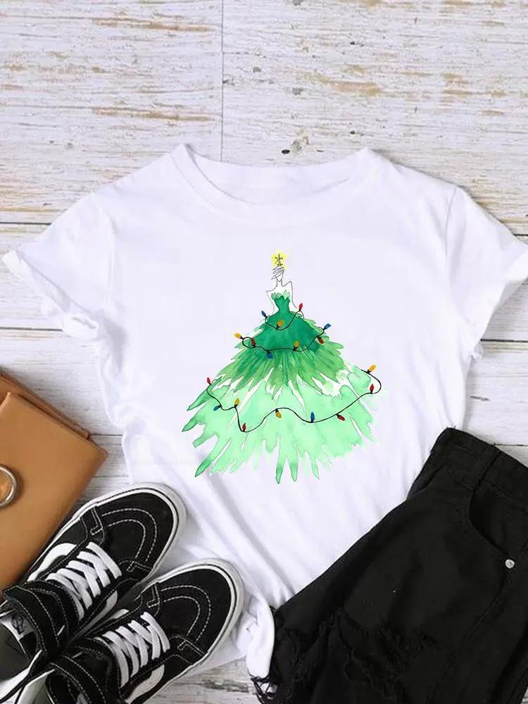 Christmas Womens Round Neck Short Sleeved Christmas Tree Reindeer Print Womens Loose Oversized Comfortable White Tshirt