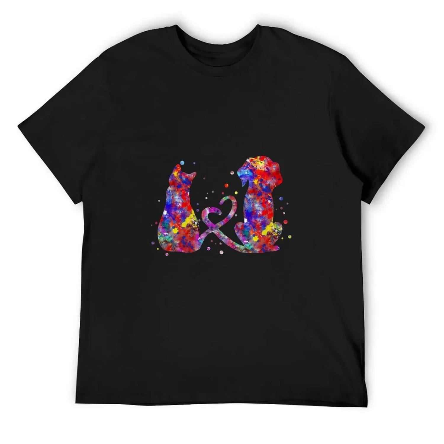 Cat and dog, love art T-Shirt funny shirt cotton designer shirts topping custom shirt mens t shirts top quality S