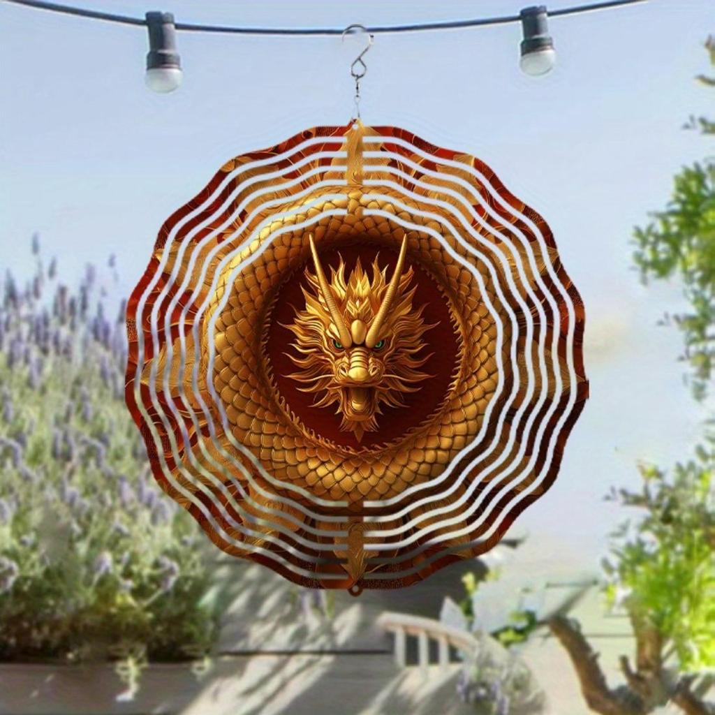 Golden Dragon Hanging Wind Spinner - 360° Rotating Metal Garden Decor with Fierce Dragon Design, Vibrant Red & Golden Colors