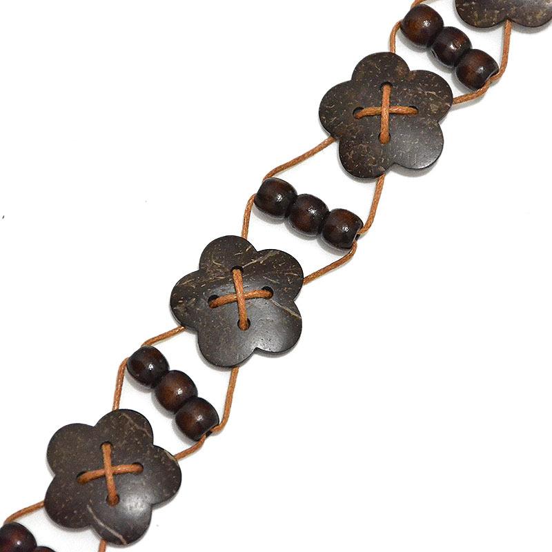 Meier Thin belt ethnic style wooden beads flower string stitching woven waist chain