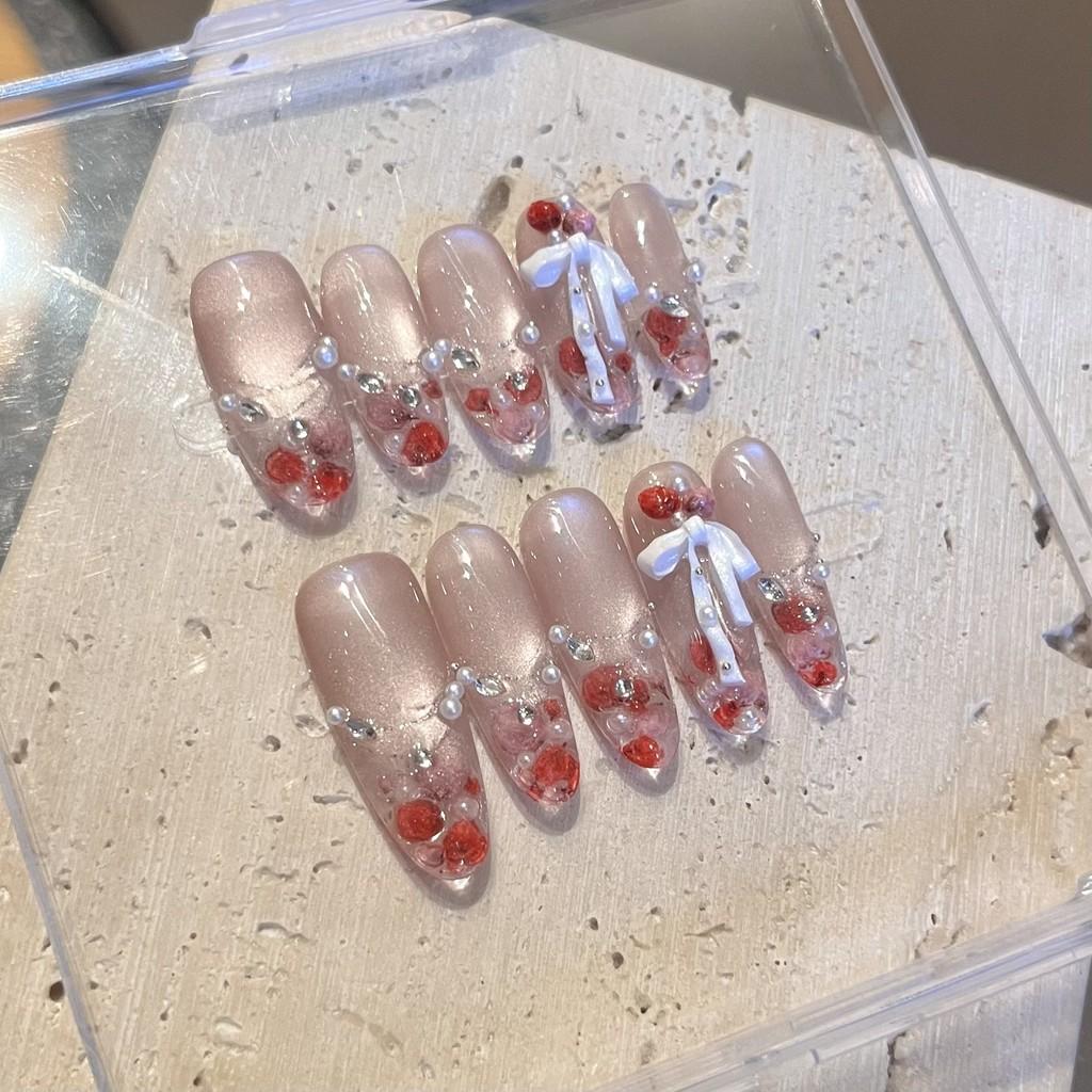 Handmade Press On Nail French Sparkling High-end Ice Crack Cat Eye Hand-painted Rose 3D Bow Pearl Fake Nail Patch Artificial Nail Reusable