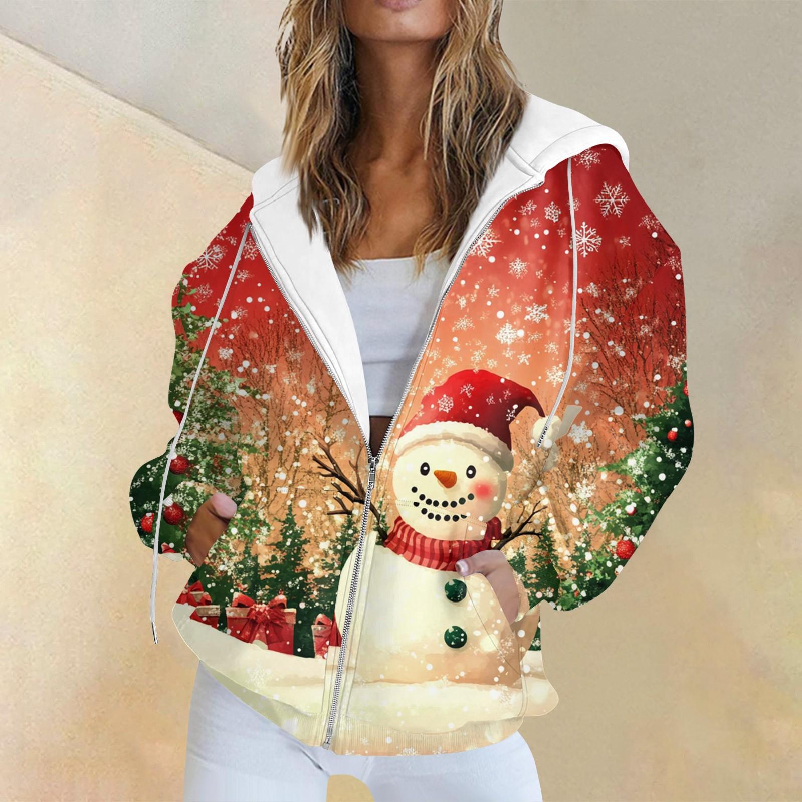 

Женская повседневная рождественская печатная толстовка на осень и зиму с длинными рукавами и карманом на молнии с капюшоном L красный