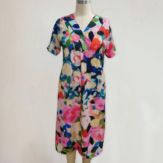 Abito Estivo a Maniche Corte con Scollo a V Abito Casual A-Line Stile Bohemien Abito Pullover per Festa Uso Quotidiano Vacanza