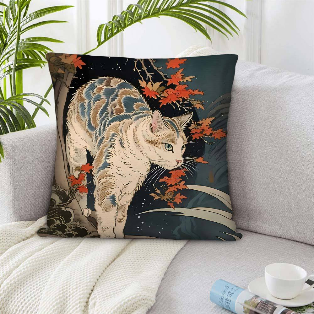 Japanese Ukiyo-E Style Cat Print Throw Pillow Cover, Autumn Maple Leaf Art Decorative Cushion For Sofa Couch