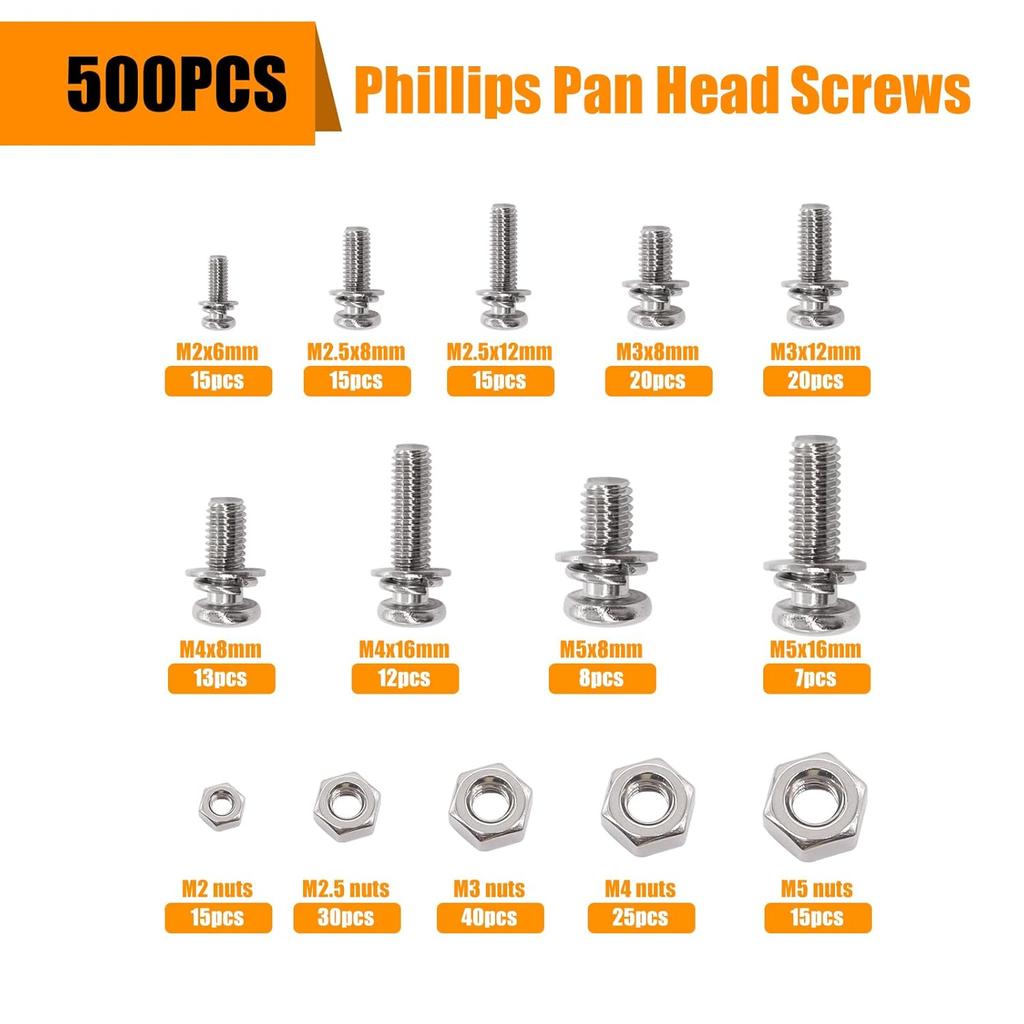 500Pcs Nut And Bolt Assortment Kitm2 M2.5 M3 M4 M5 Machine Screws 304 Stainless Steel Combination Screws For Electronicsmotorcyclediy Projects K-188
