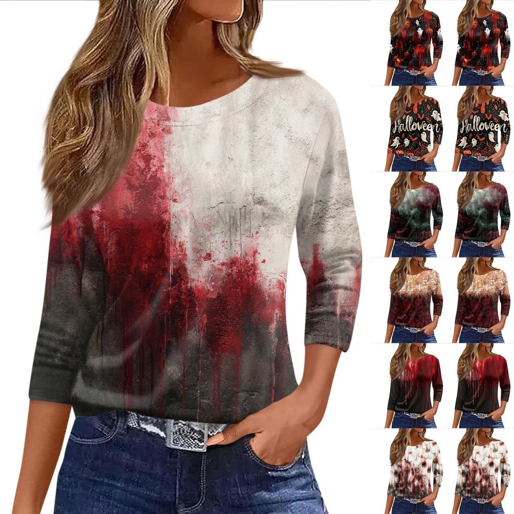 Mote Casual Rund Hals 3/4 Erme Løs Trykket T-skjorte Dame Topp