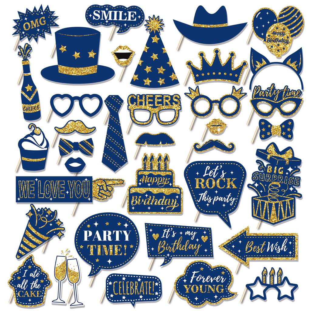 36pcs Happy Birthday Party Photo Booth Props Shimmer Powder Funny Glasses Lips Hat DIY Photo Shoot Prop Photobooth Accessories