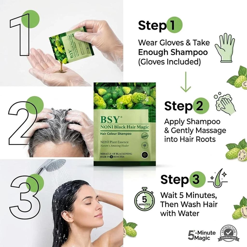 12 Sachets of BSY Noni Black Hair Magic Hair color shampoo 12ml Each Pure Herbal