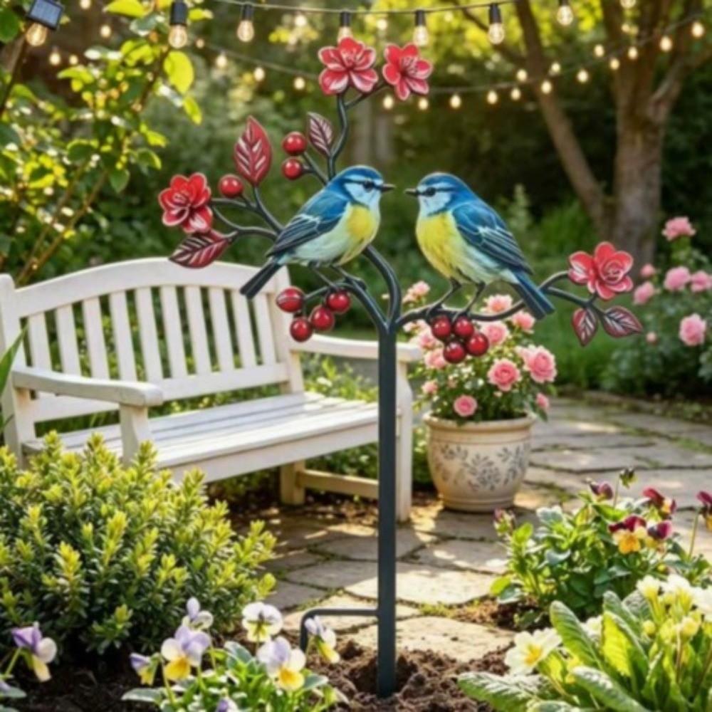 2D Flat Flower Branch Ground Plug Handmade Metal Garden Stake Garden Ornament Home Courtyard