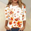 Women's Casual Three-Quarter Sleeve Round Neck Top with Maple Leaf Print for Everyday Wear