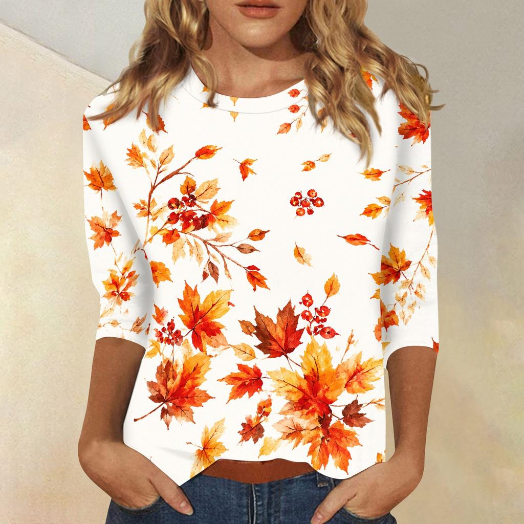 Women's Casual Three-Quarter Sleeve Round Neck Top with Maple Leaf Print for Everyday Wear