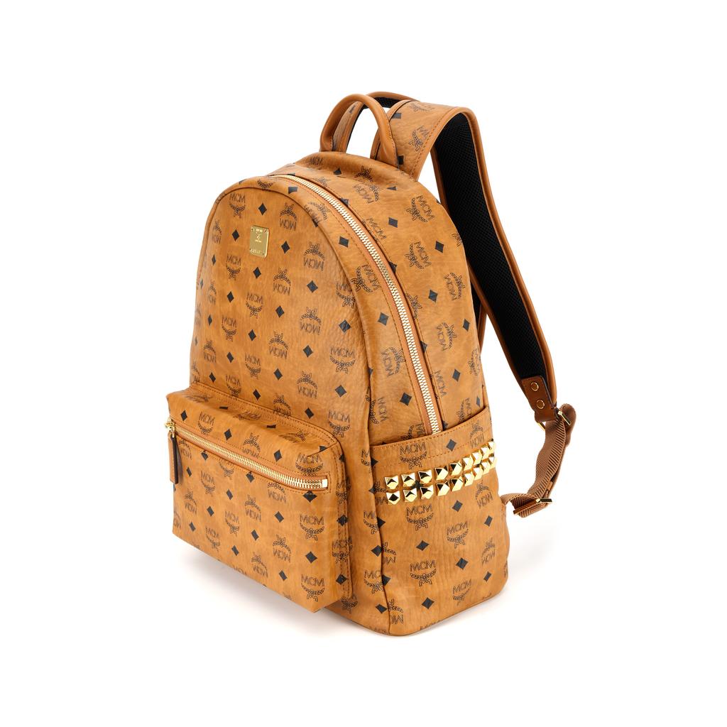 MCM Stark Studded Side Buckle Monogram Napa Leather Trim Backpack Unisex backpack Brown Cognac MMKAAVE09CO001