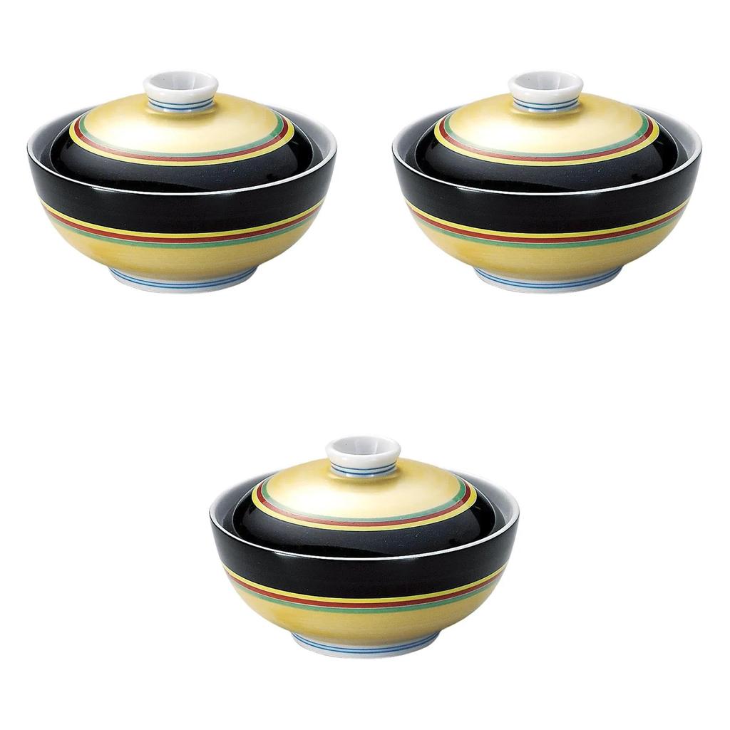 Set of 3 Black and Simmered Bowls x Simmered Bowls Setomonohonpo Gold-Painted Koma-Suji [11.3 7.5 cm]
