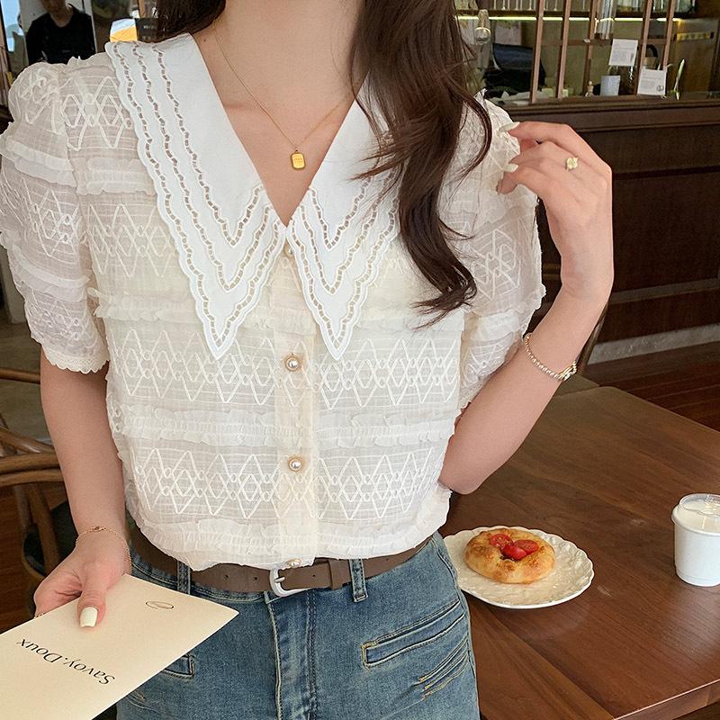 2024 Sommer Koreanischer Stil Vielseitiges Peter Pan Kragen Spitzenoberteil mit kurzen Ärmeln