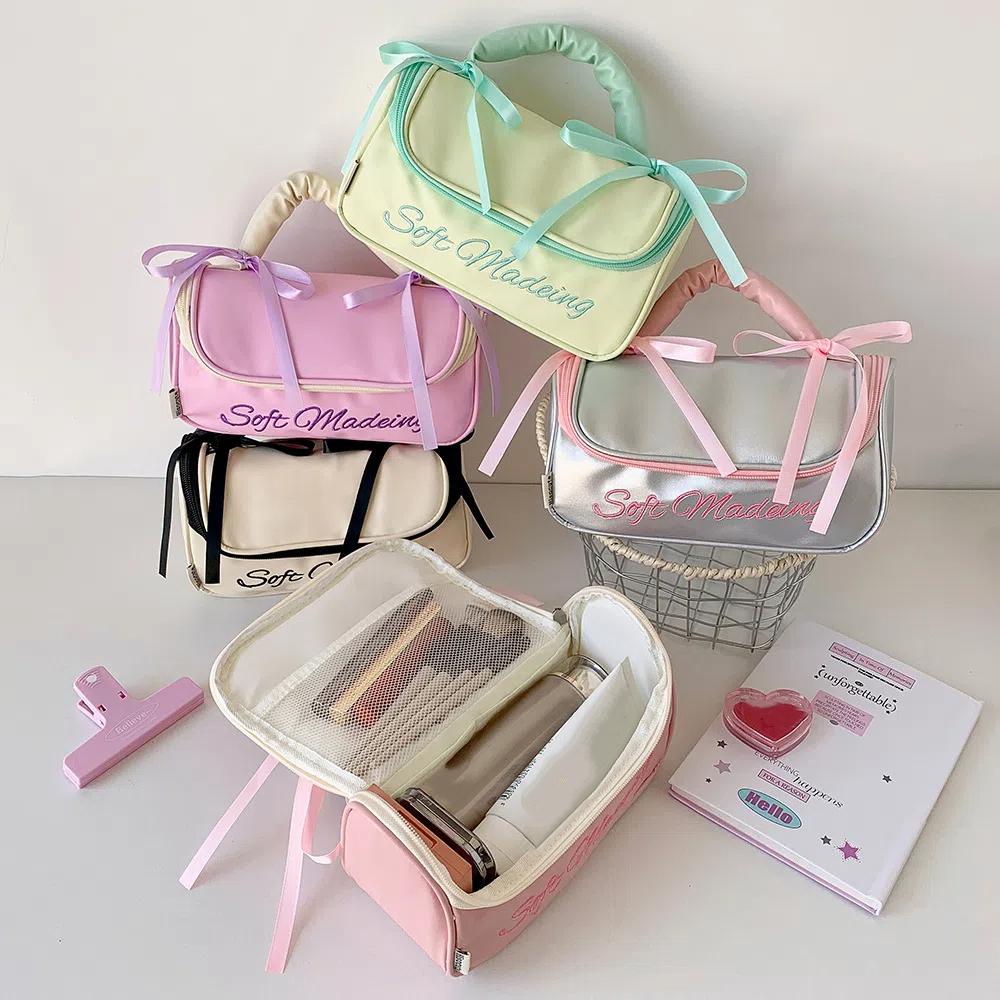 Desktop Storage Bow Stationery Bag PU Leather Bow Pencil Pouch Kawaii Y2K Bow Storage Bag Office
