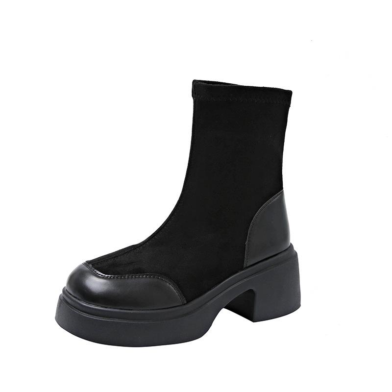 

French thick heel thin boots 22 years old autumn and winter new medium tube black fashion boots short elastic boots 35
