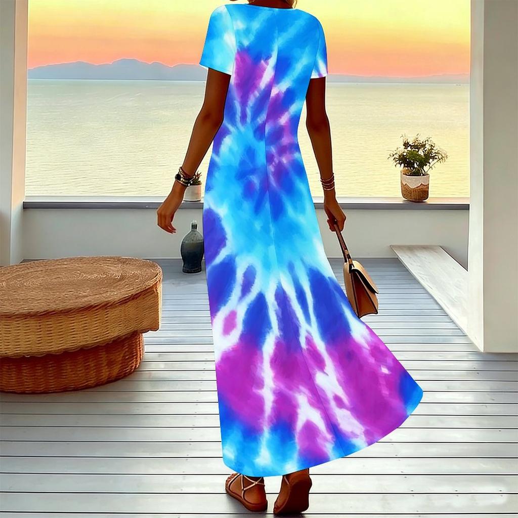 Women Plus Size Short Sleeve V Neck Maxi Dress Marble Swirl Print Loose Casual Summer Beach Long Dress