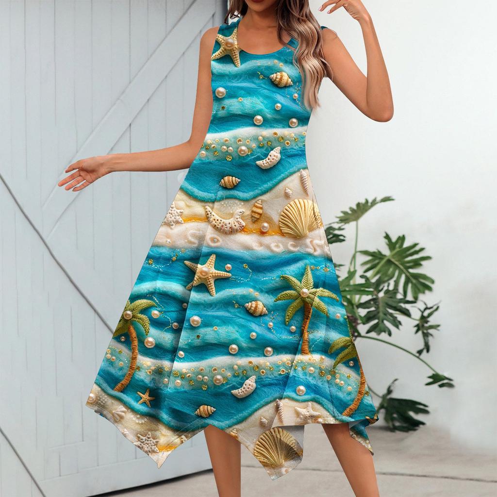 Dámská ležérní móda Midi šaty s kulatým výstřihem a potiskem bez rukávů s nepravidelným lemem