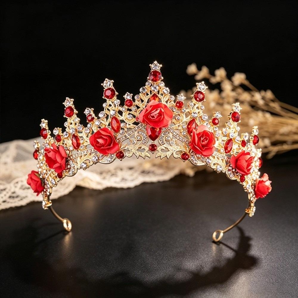 Metal Princess Floral Tiara Rose Flower Shiny Rhinestone Crown Luxury Baroque Crown Prom