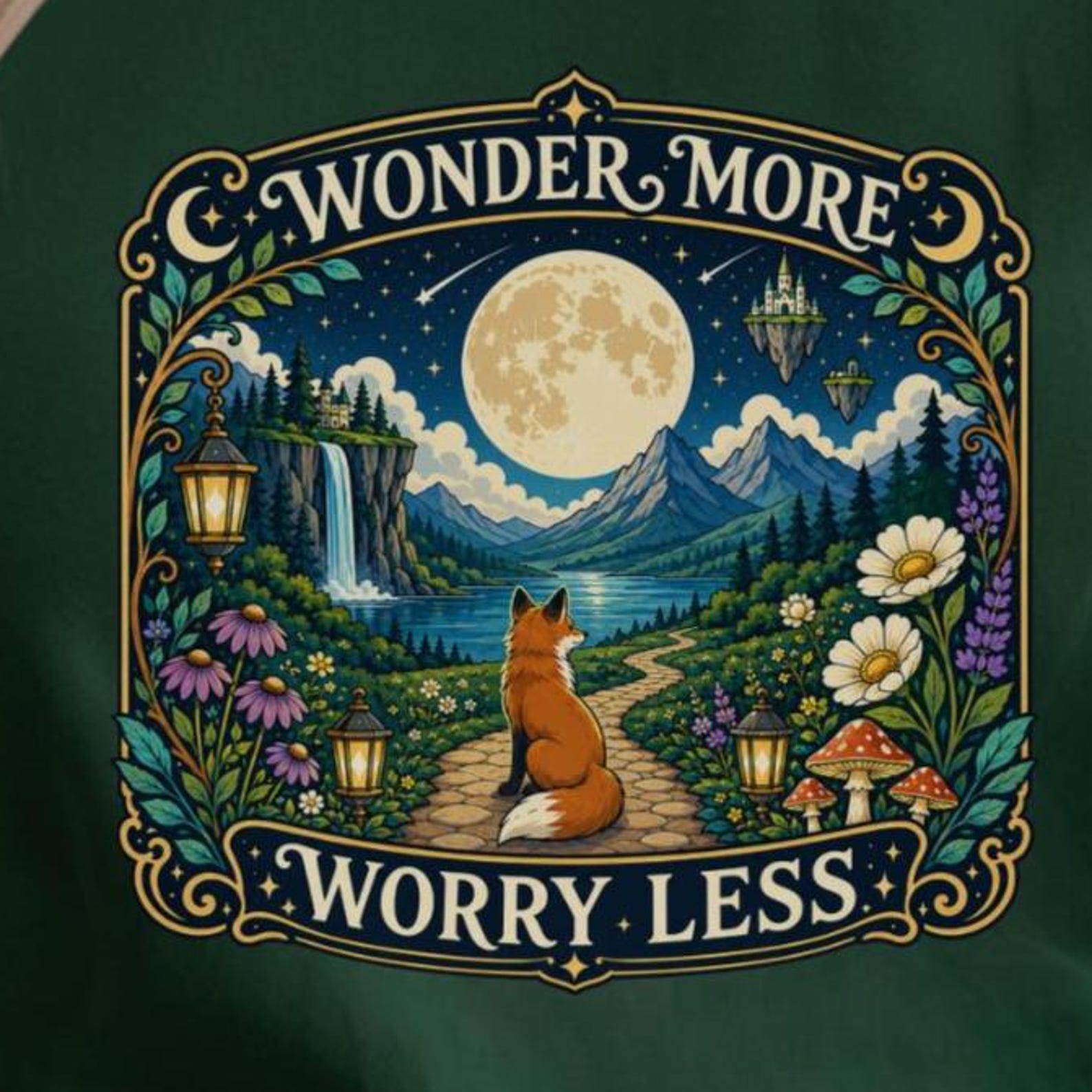 Wonder More Worry Less Shirt | Fox Moonlit Forest Tee | Whimsical Nature Shirt 4XL