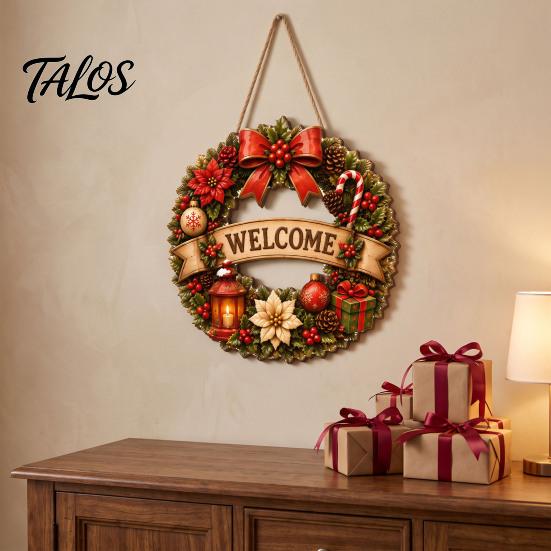 Holiday Hanging Signs Wooden Christmas Door Wreath for Front Door, Vintage Merry Welcome Sign, Rustic Farmhouse Decor 2D Flat Hanger Indoor