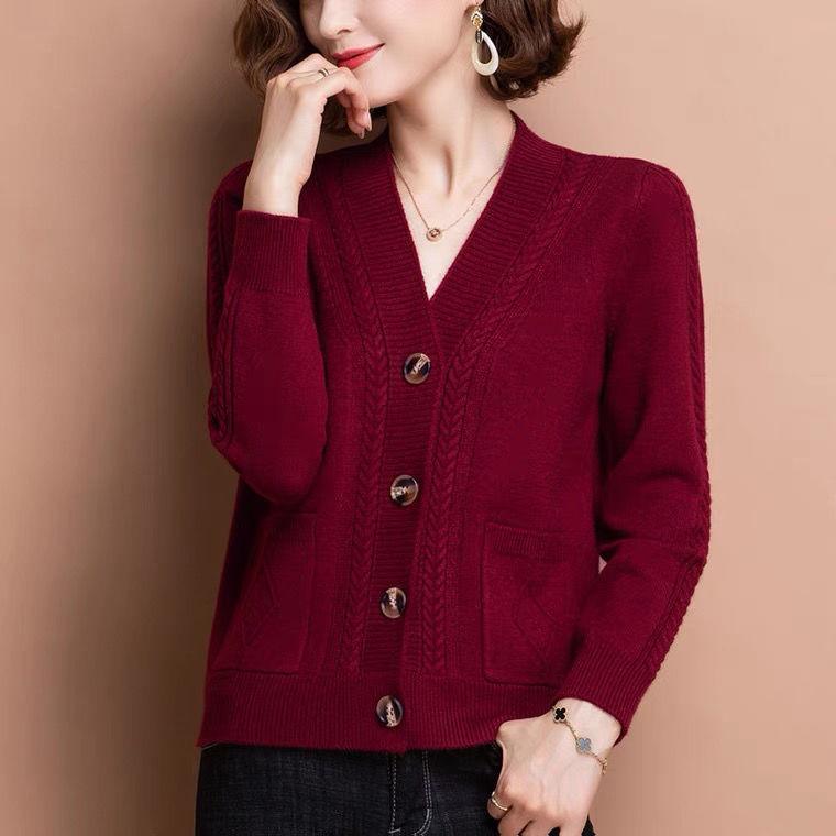 Women Knitted Cardigan Spring Autumn V Neck Button Closure Long Sleeves Solid Color Middle Age Ladies Coat Top Streetwear
