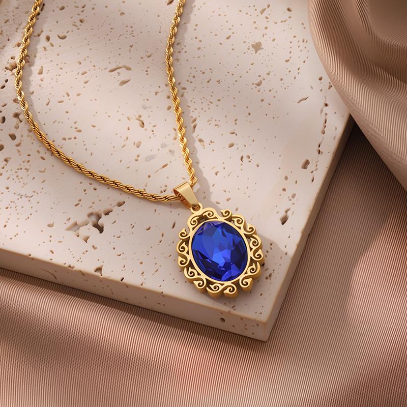 European & American Fashion Exquisite Titanium Steel Necklace with Colorful Zircon & Geometric Pendant for Women