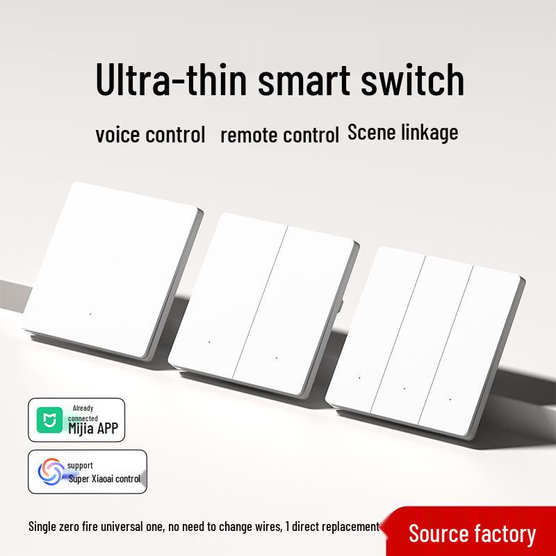 Ultra-Thin Smart Switch Panel with Mijia App Voice Control, Single/Double Options for Whole House Smart Home Integration.