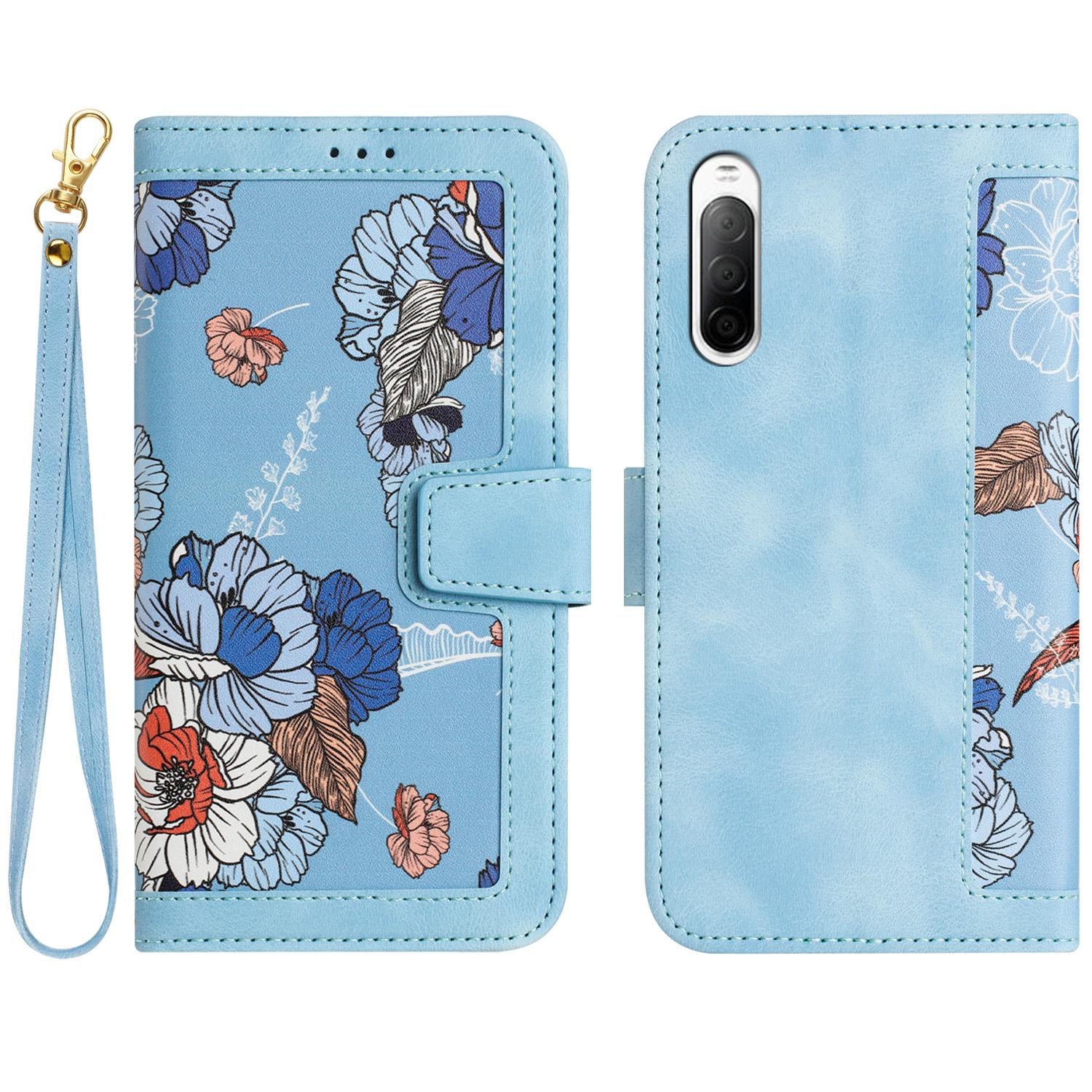 

For Sony Xperia 10 V Case Pattern Print Leather Phone Cover with Hand Strap Baby Blue