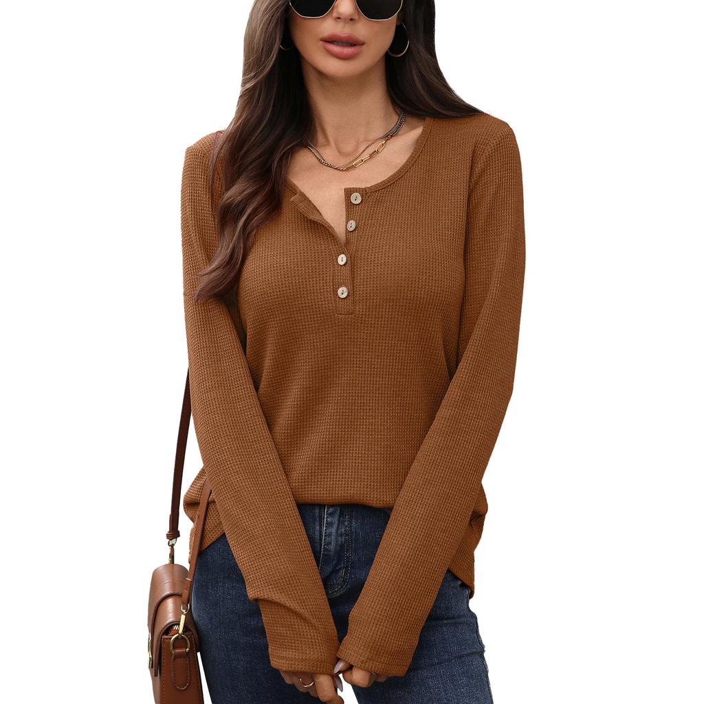 New Solid-color Round-neck Button Loose Long-sleeved T-shirt for Women In Autumn and Winter