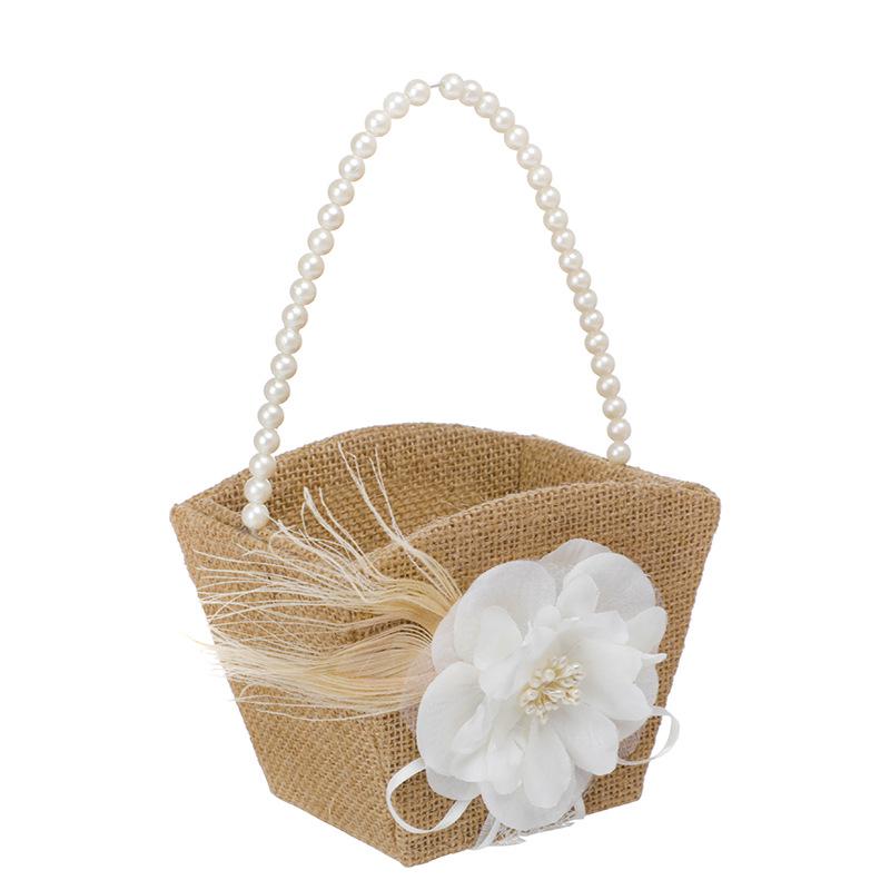 Linen Pearl Flower Basket for Outdoor Wedding - Bridal Handbag or Flower Girl Accessory