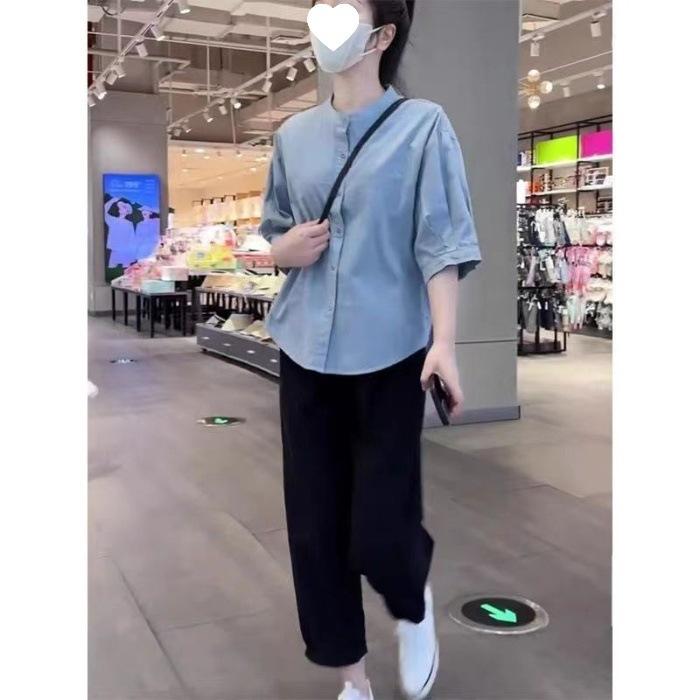 

Cool Silk Cotton Pants + Matte Chiffon Top - A Complete Set of Loose Summer Outfits Including A Shirt and Nine-inch Pants Set XXXL