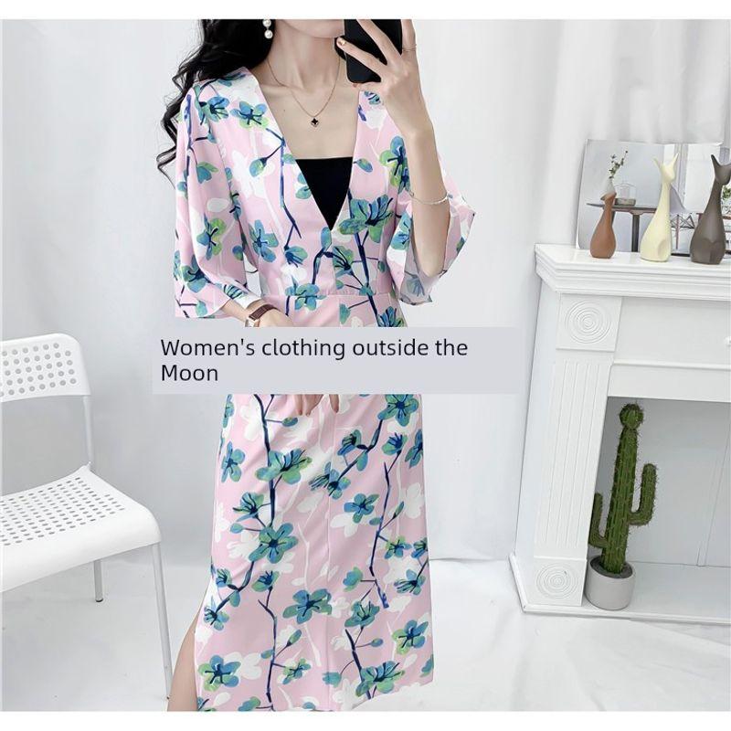 

Новинка лета Новое поступление Женская одежда Ретро принт Сексуальное платье с глубоким V-образным вырезом, рукавом до локтя, высокой талией, облегающее, с разрезом Color L