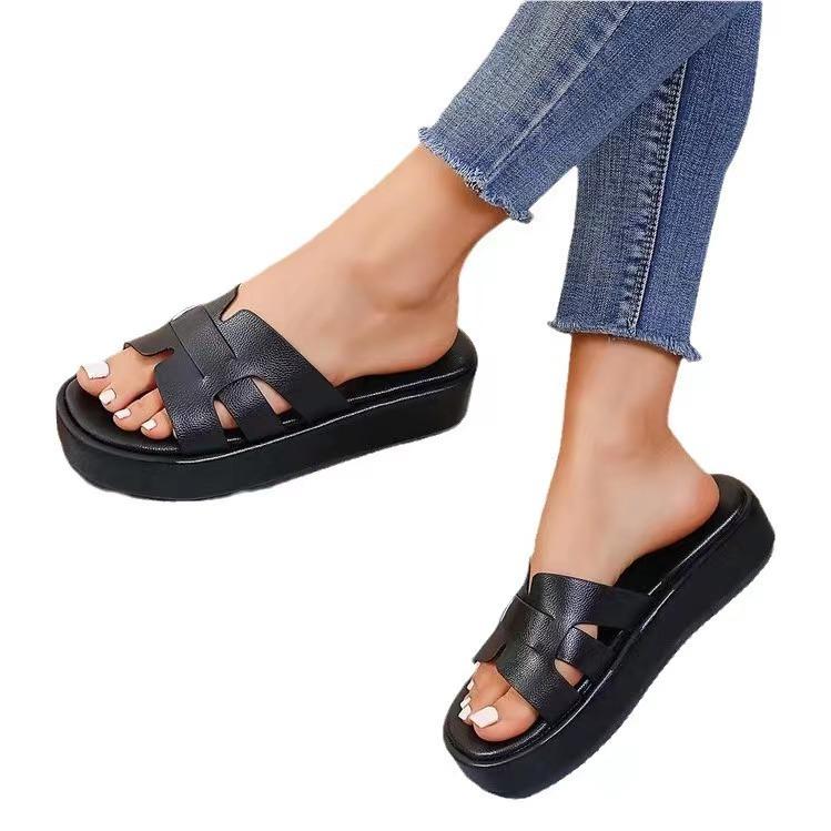 Large size foreign trade platform slippers women's new round head outer wear fashionable multi-color wedge heel one-character cross-border drag