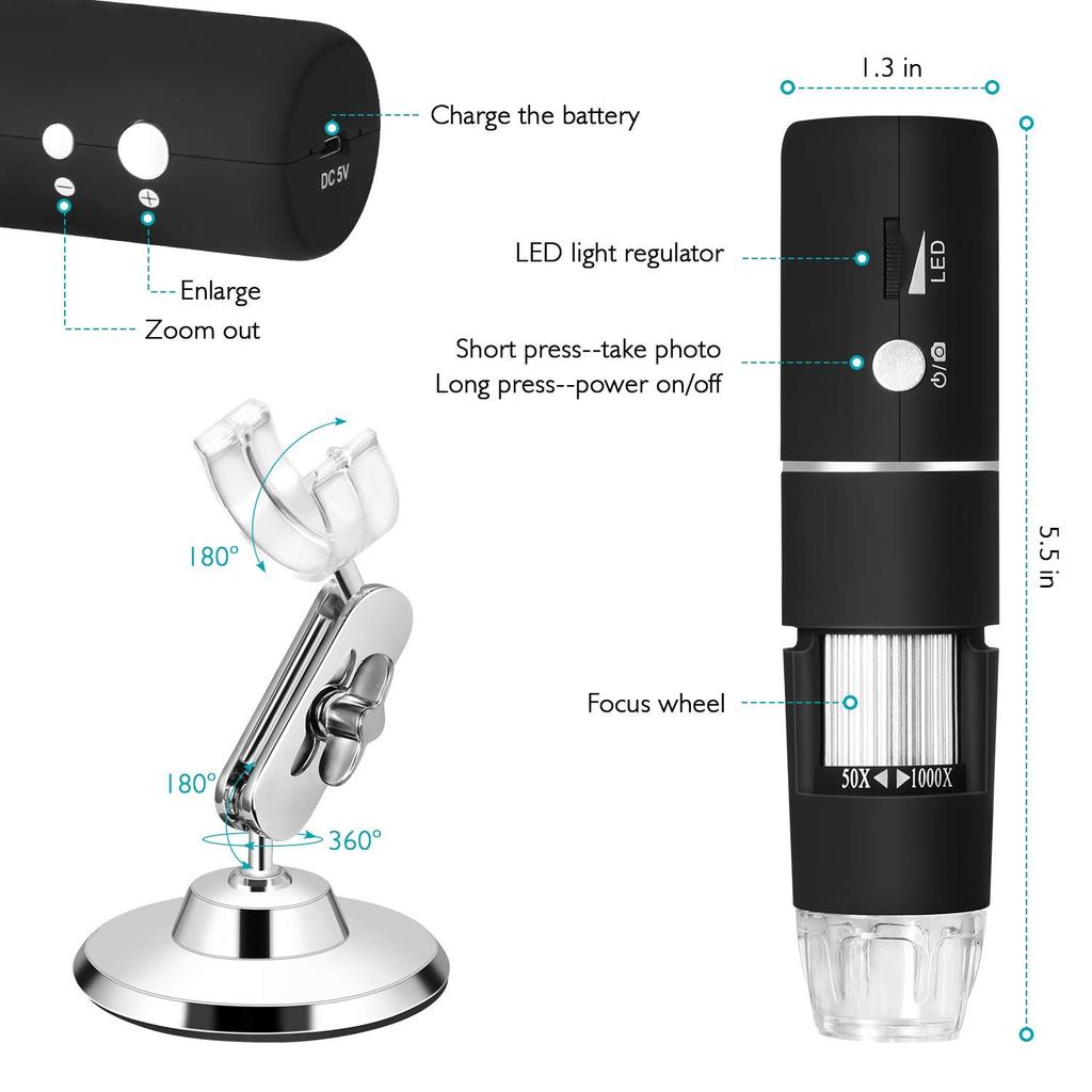 WiFi Digital Microscope Built in Camera 1080P HD 2MP 50x-1000x Magnifying Endoscope with 8LEDs for Android iOS Smartphone iPad  PC