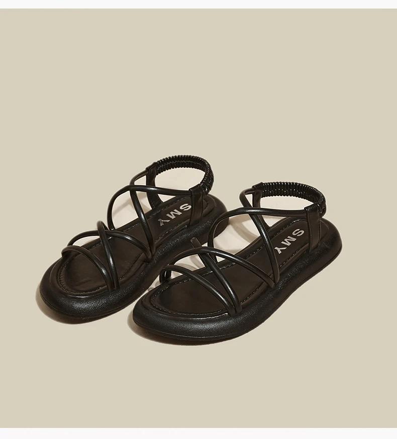 

Модные женские сандалии на толстой подошве 2024 года, новые летние сандалии на мягкой подошве, повседневные простые пляжные римские сандалии на плоской подошве Sandalias Mujer 40 чёрный