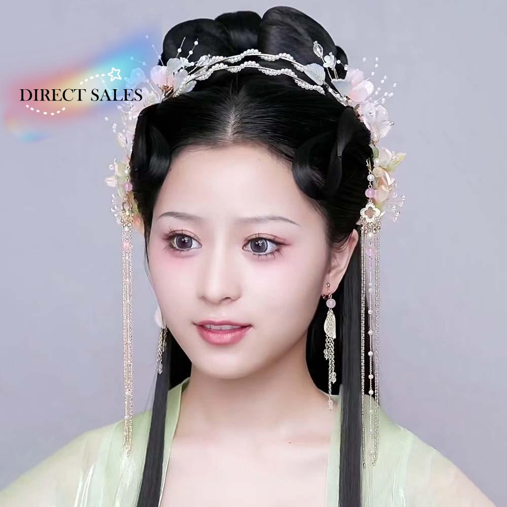 Flower Hanfu Tassel Hair Hoop Crystal Crown Chinese Ancient Hairband Beads Ribbon Swaying Fairy Headwear Wedding Photos