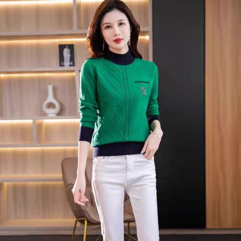 Half Turtleneck Sweater Thick Long-sleeved Knitted Sweater for Women In Autumn and Winter Loose Color-blocked Pullover