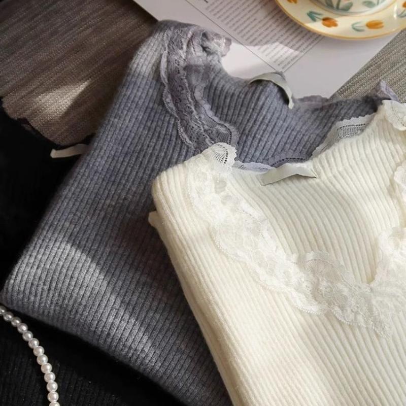 Autumn/Winter Versatile V-neck Lace Splicing Knitted Shirt for Women with Soft and Sticky Bottom Design and Wooden Ear Top