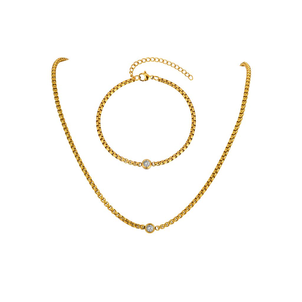 Vnox 2pcs/set Round Single Cubic Zirconia Necklace Bracelet For Women Stainless Steel Square Chain Trendy Jewelry Gifts