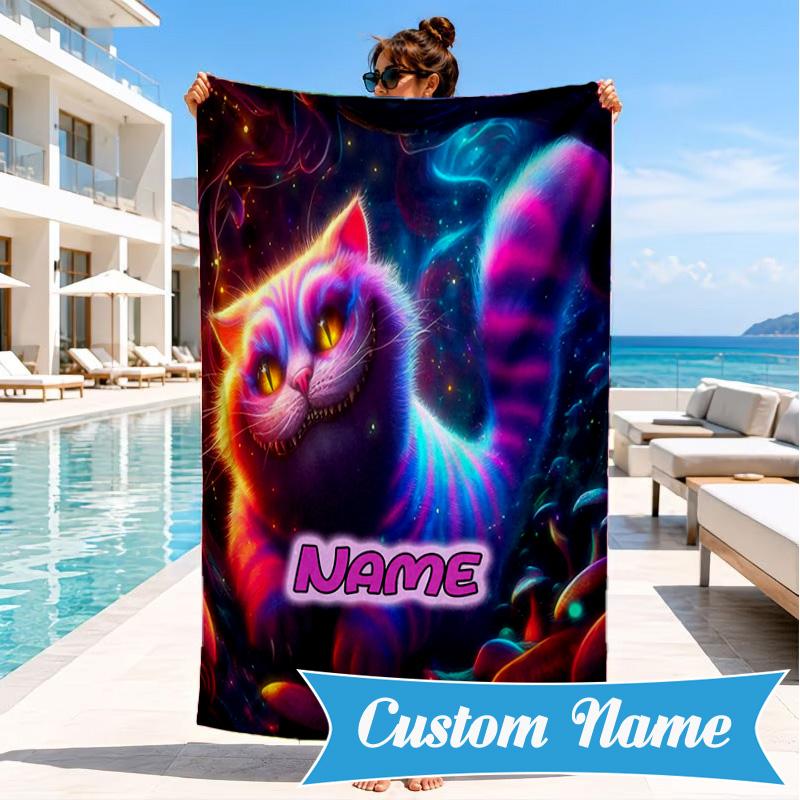 Custom Name che-shire cat Beach Towel Microfiber Beach Towel, Lightweight and Quick-Dry, for Summer Travel, Swimming Pool Gift
