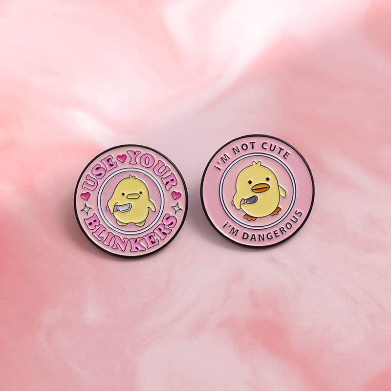 Charming Round Yellow Duck Cartoon Brooch With Artistic Pink Lettering For Occasion Every