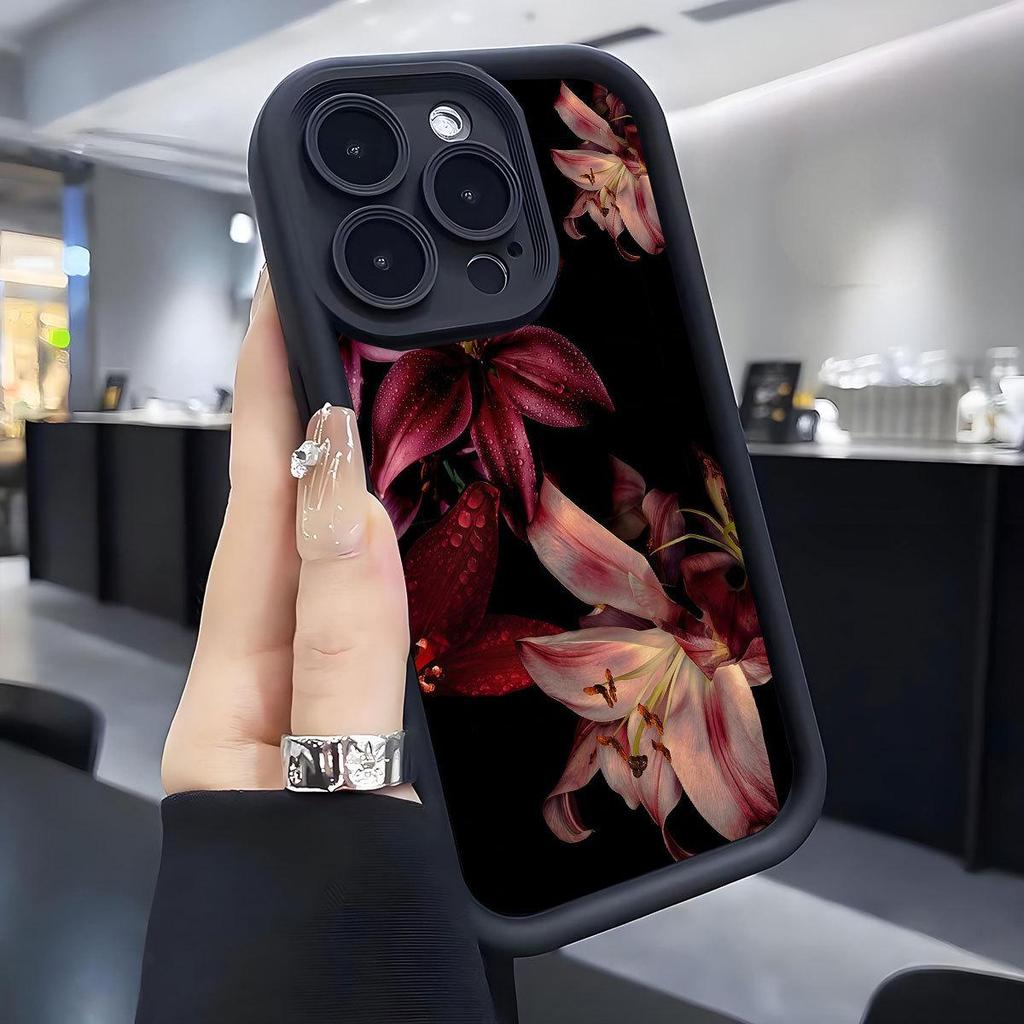 Mystic Lily Grooved Phone Case for iPhone 14/15/16/17 Pro Max - Black Style