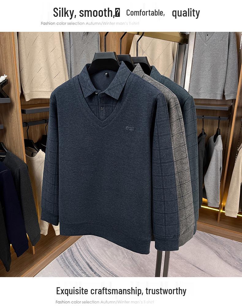 Dicker Samt-Strick-Pullover mit Revers für Männer mittleren Alters und ältere Männer - Stilvoller Zwei-in-Eins Winterpullover