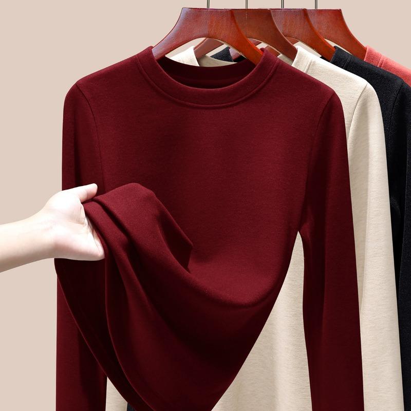 Silk Warm Fleece Heating and Thermal Underwear Women's Inner Fleece Autumn Clothes Single-piece Top Wool Bottoming Shirt Winter