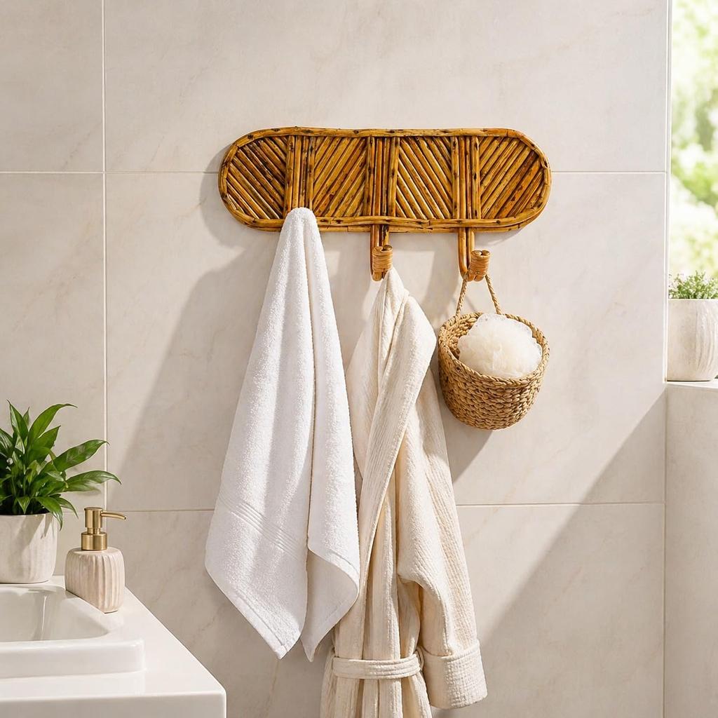 Eco Decx Handcrafted Rattan Wall Hooks, Wooden Key Holder & Coat Hanger Rack for Entryway, Bags, Towels & Home Decor 41  x  10  x  20 cm