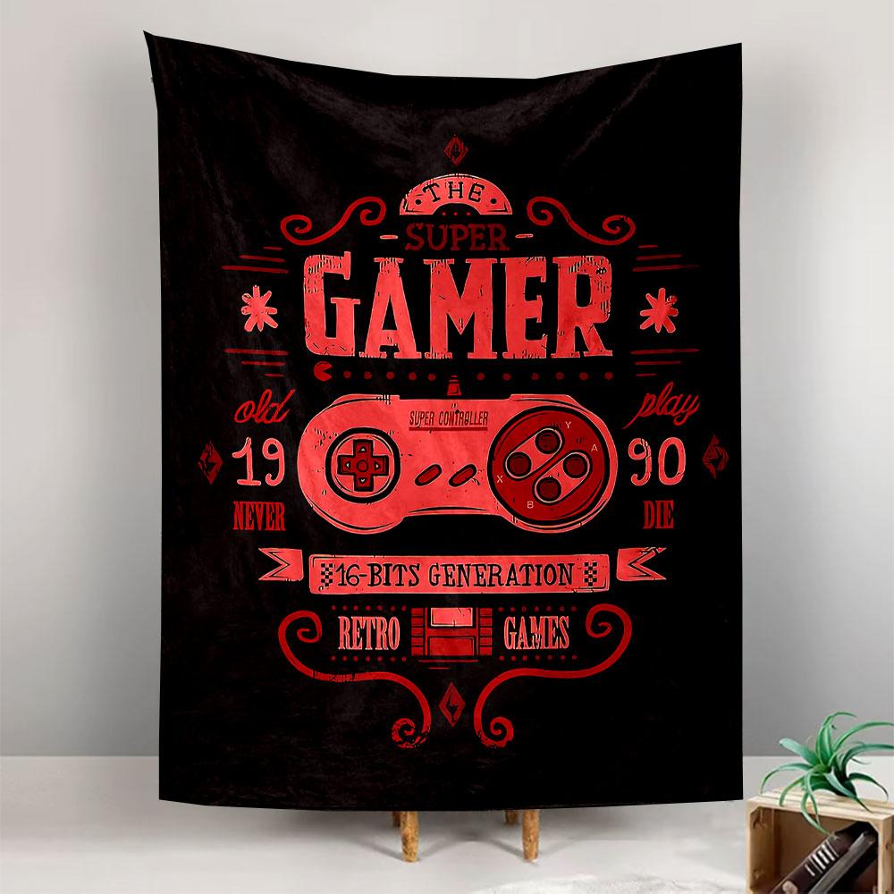 Super Gamer 1990 Tapestry Wall Hanging, 8-Bit Retro Design, Wall Decor for Bedroom Living Room Dorm